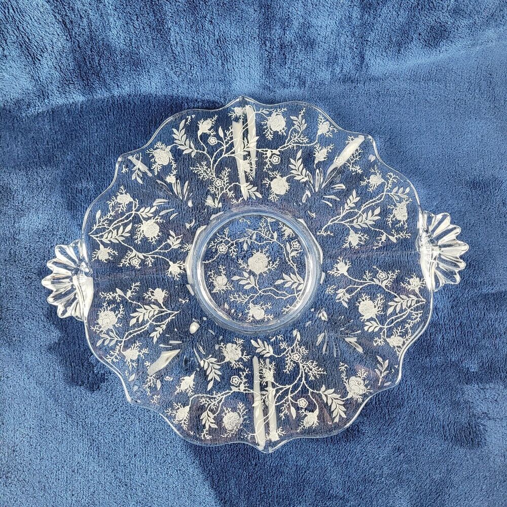 Fostoria Baroque Chintz Serving Platter with Handles 10 1/8" Diameter Cake Plate